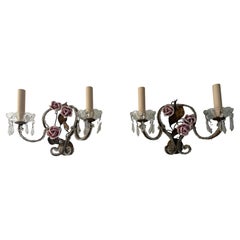 French Beaded Old Vintage Pink Porcelain Roses Flowers Sconces Italian, c 1940