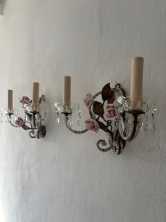 French Beaded Old Vintage Pink Porcelain Roses Flowers Sconces Italian, c 1940