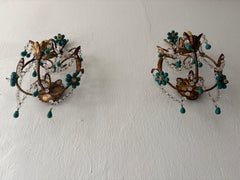 French Turquoise Green Murano Beads Rock Crystal Swags Sconces