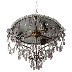 French Beaded Lavender and Clear Drops Flush Mount Chandelier