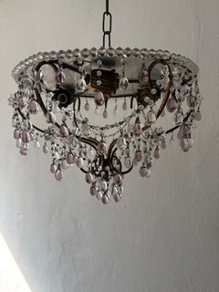 French Beaded Lavender and Clear Drops Flush Mount Chandelier