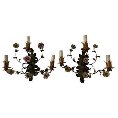 19th Century Big Italian Tole and Porcelain Flowers Polychrome Sconces