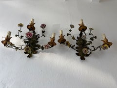 19th Century Big Italian Tole and Porcelain Flowers Polychrome Sconces