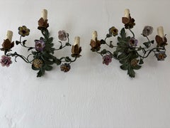 19th Century Big Italian Tole and Porcelain Flowers Polychrome Sconces
