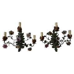 19th Century Big Italian Tole and Porcelain Flowers Polychrome Sconces