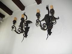 1890 French Winged Dragon Wrought Iron Sconces