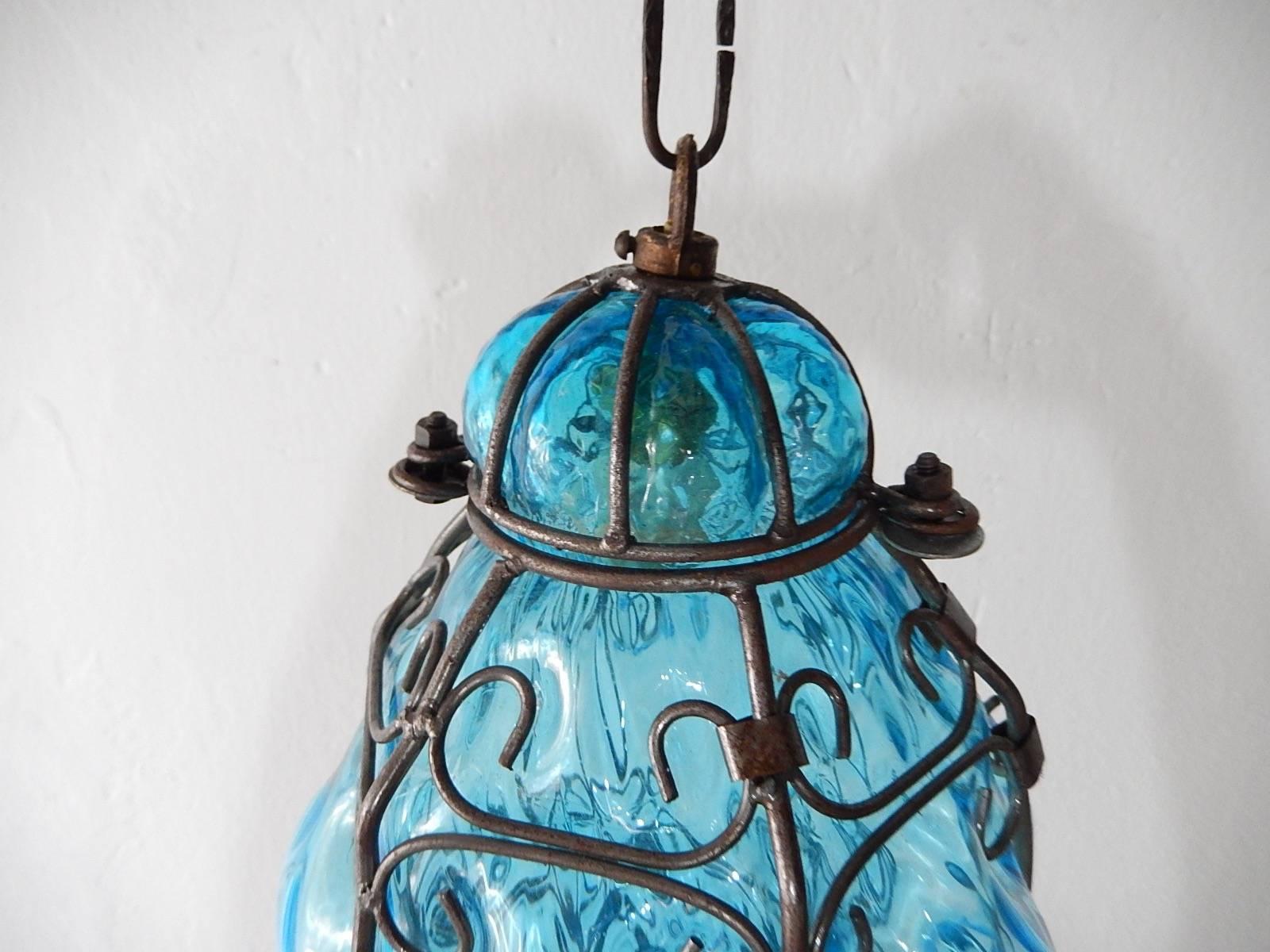 Italian Seguso Murano Aqua Blue Blown Lantern Chandelier