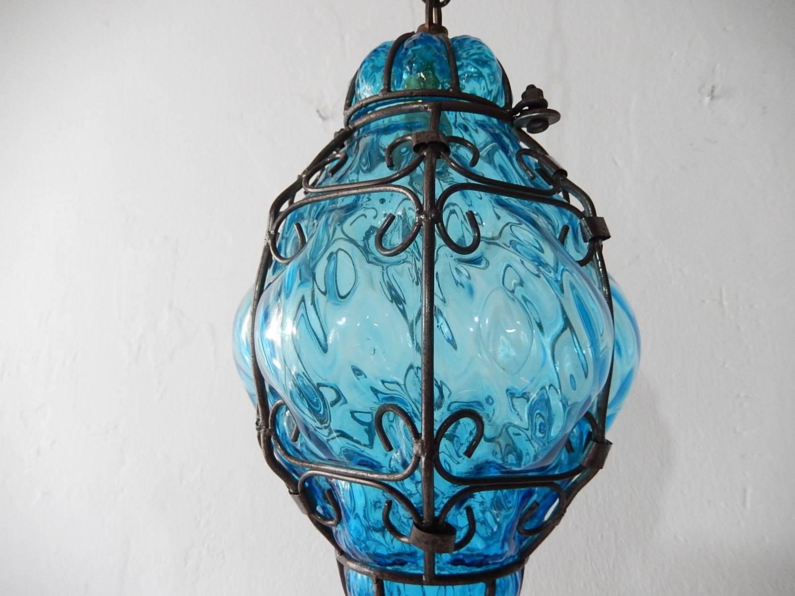 Seguso Murano Aqua Blue Blown Lantern Chandelier In Excellent Condition In Firenze, Toscana