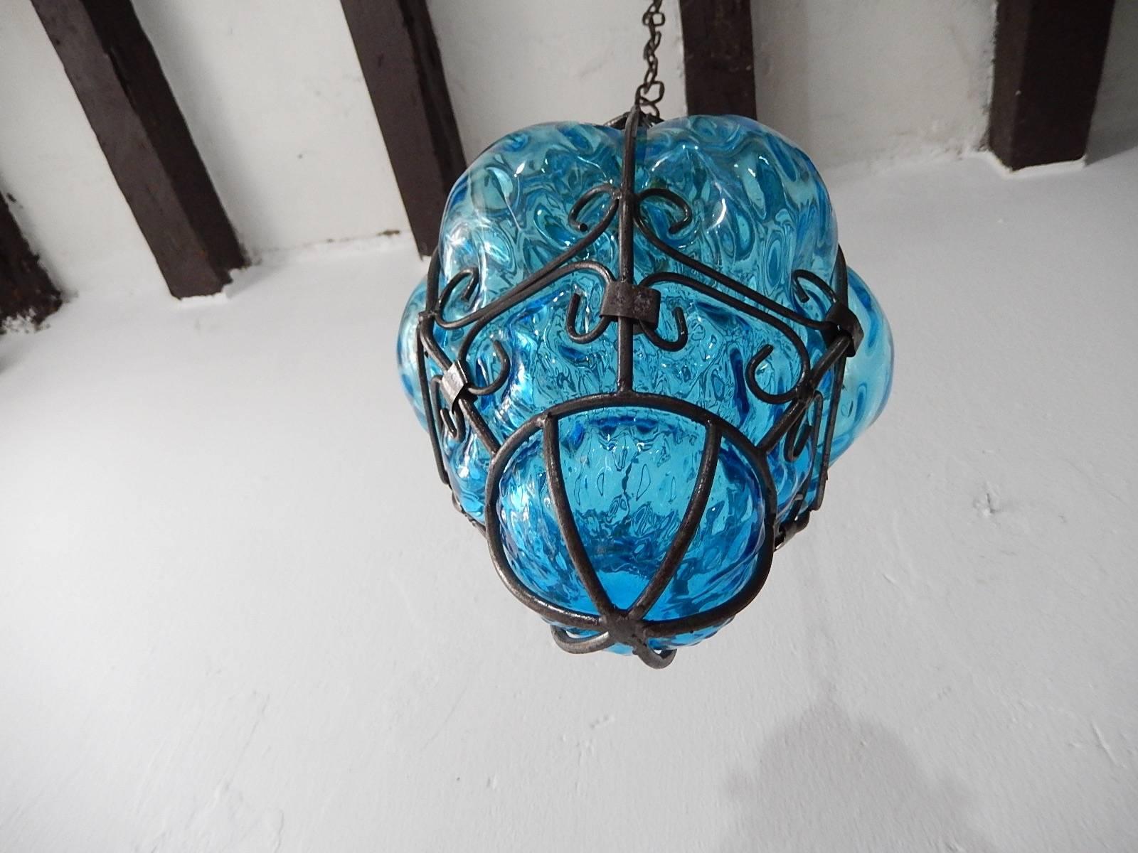 Mid-20th Century Seguso Murano Aqua Blue Blown Lantern Chandelier