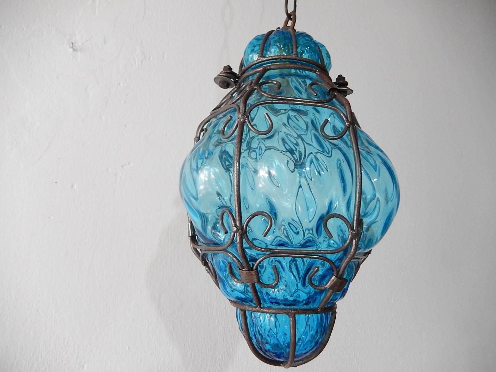 Murano Glass Seguso Murano Aqua Blue Blown Lantern Chandelier