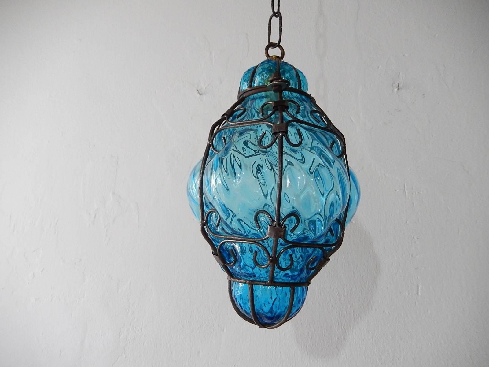Seguso Murano Aqua Blue Blown Lantern Chandelier 1
