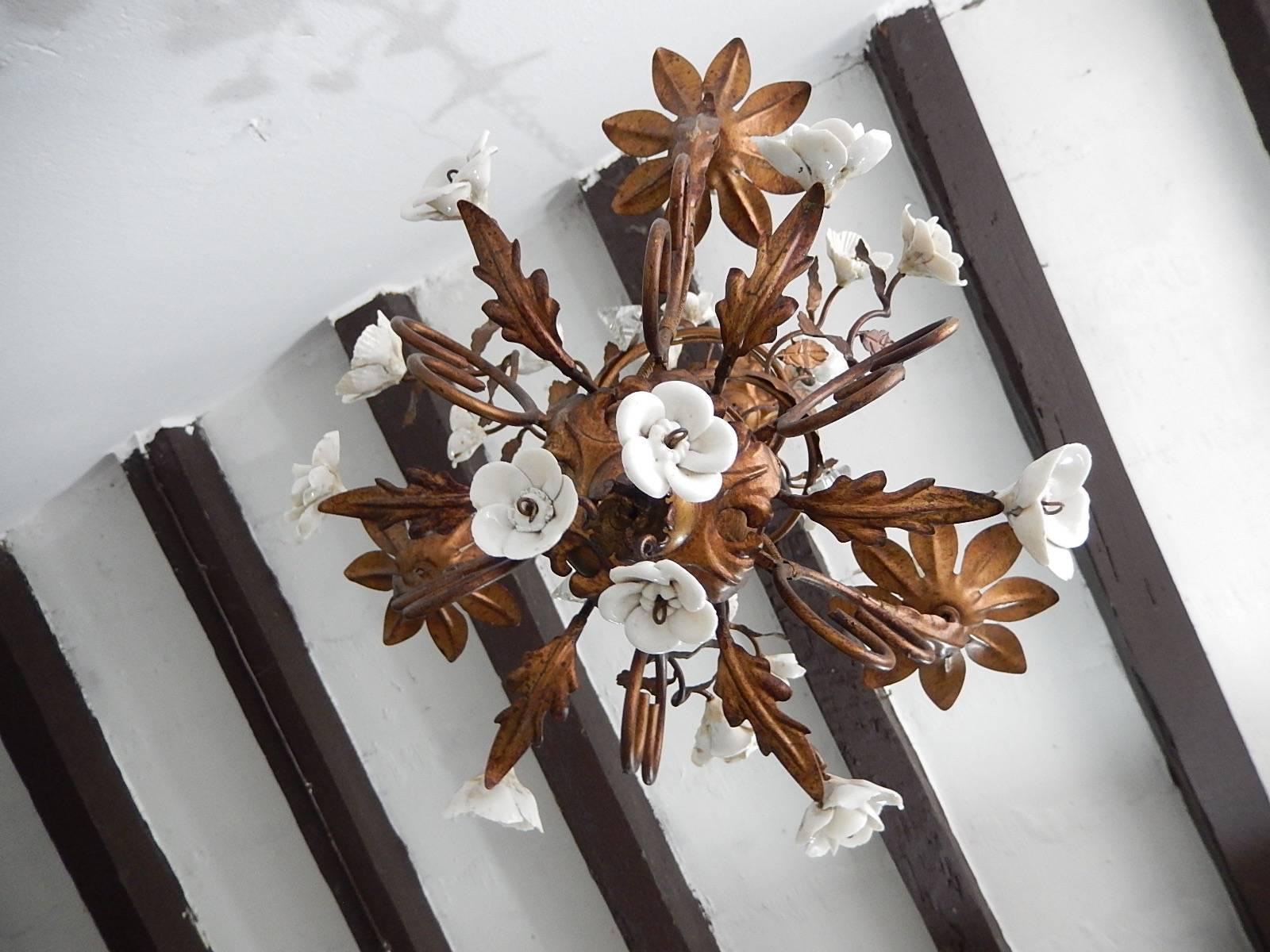 Mid-20th Century French Tole Porcelain Roses and Flowers Chandelier