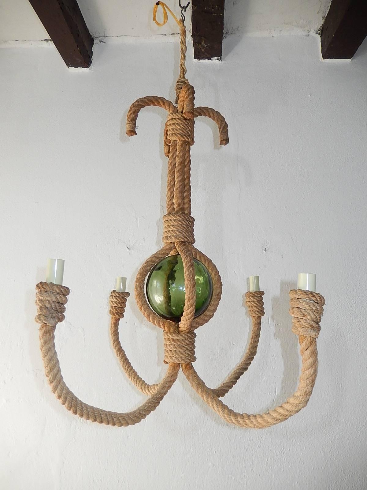 French Audoux Minet Rope Chandelier with Green Glass Ball