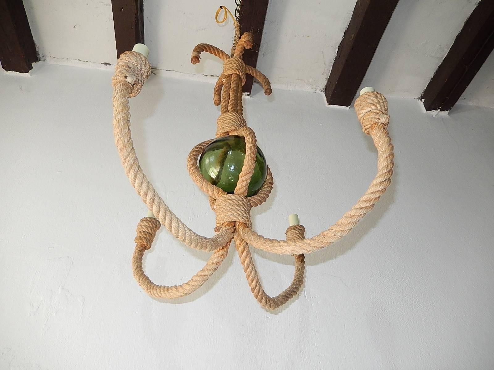 Audoux Minet Rope Chandelier with Green Glass Ball In Excellent Condition In Modena (MO), Modena (Mo)