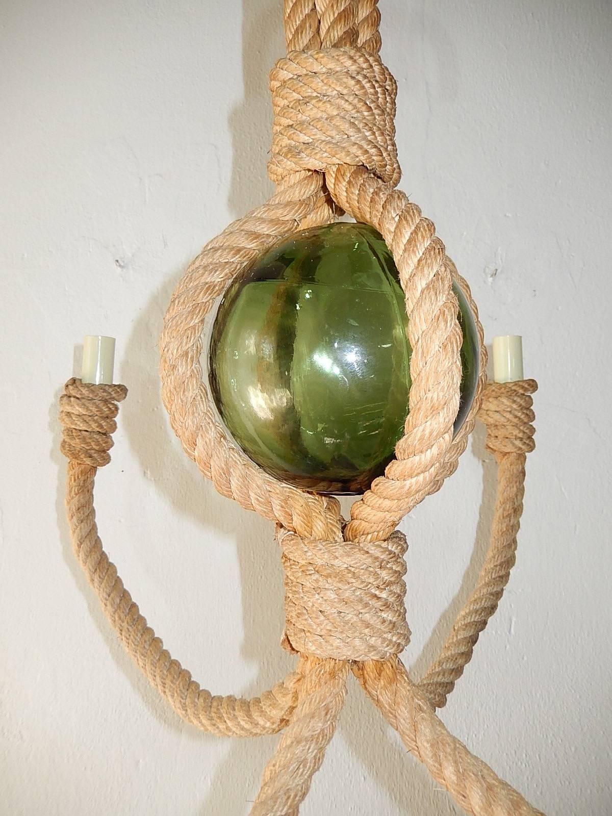 Audoux Minet Rope Chandelier with Green Glass Ball 1
