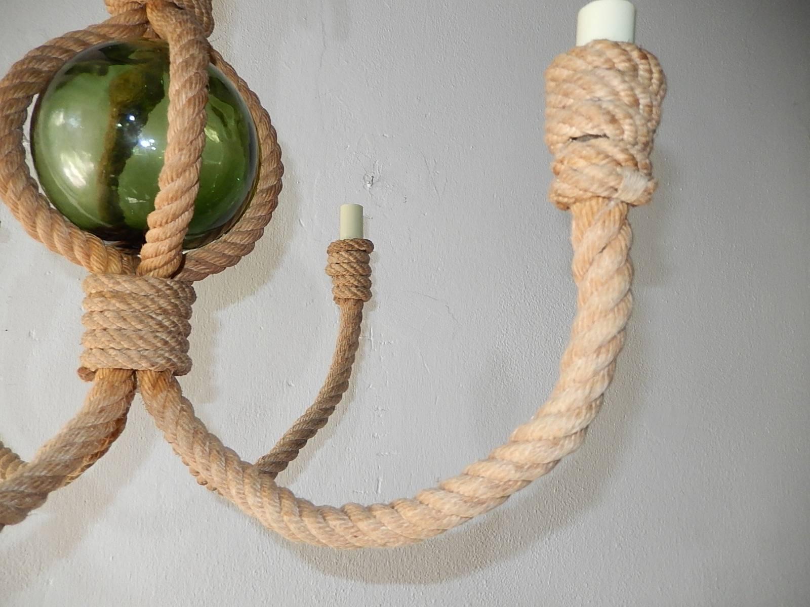 Audoux Minet Rope Chandelier with Green Glass Ball 2
