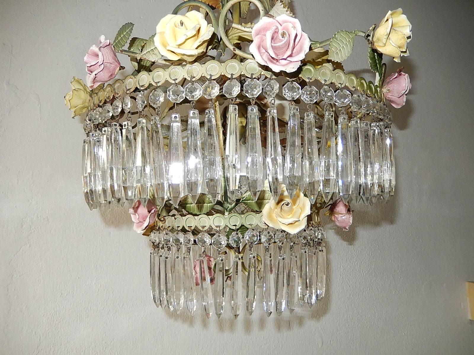 European French Tole Porcelain Roses and Crystal Chandelier