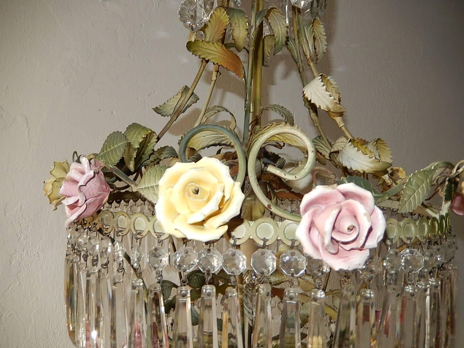 Early 20th Century French Tole Porcelain Roses and Crystal Chandelier