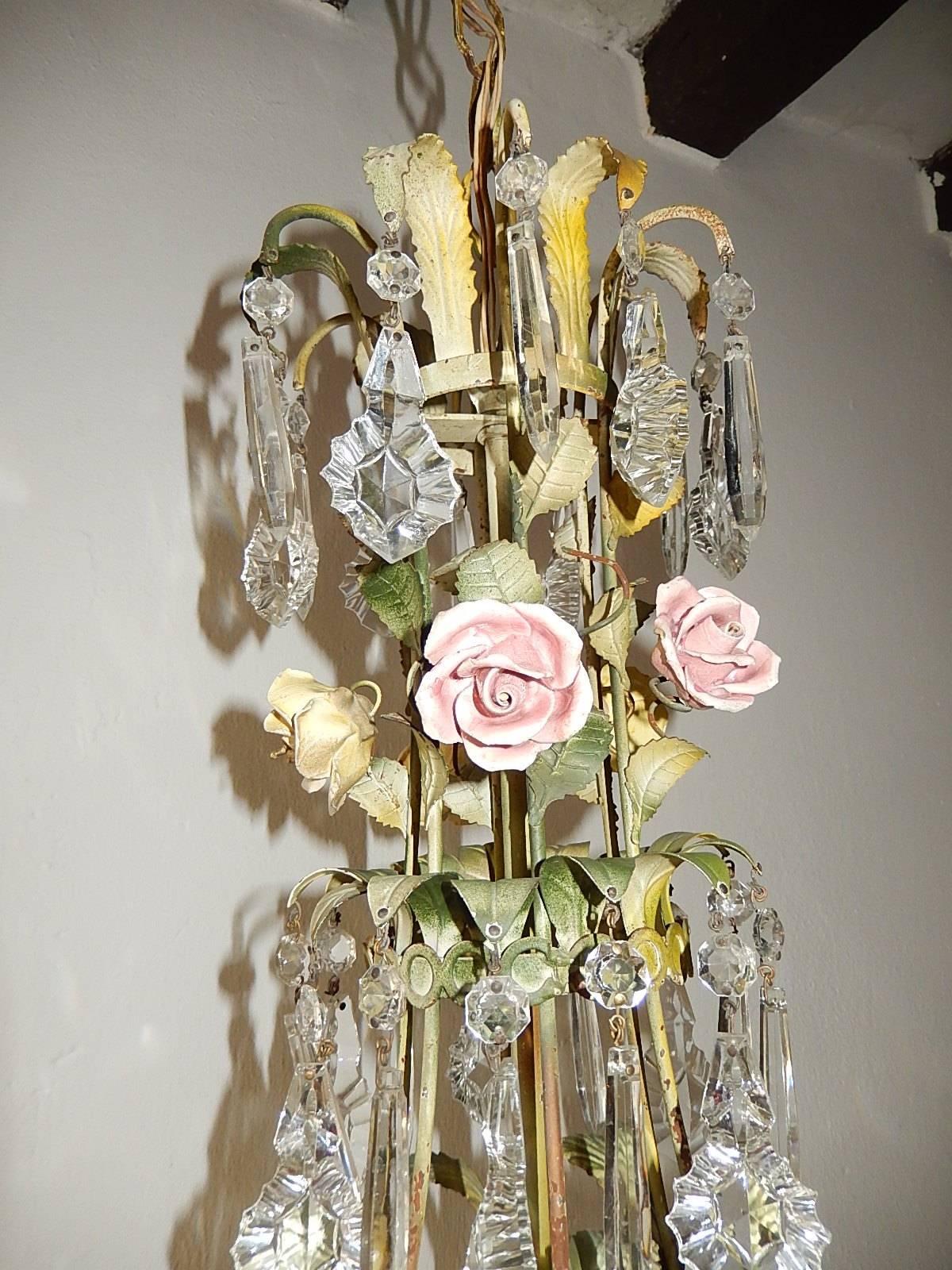 French Tole Porcelain Roses and Crystal Chandelier 1