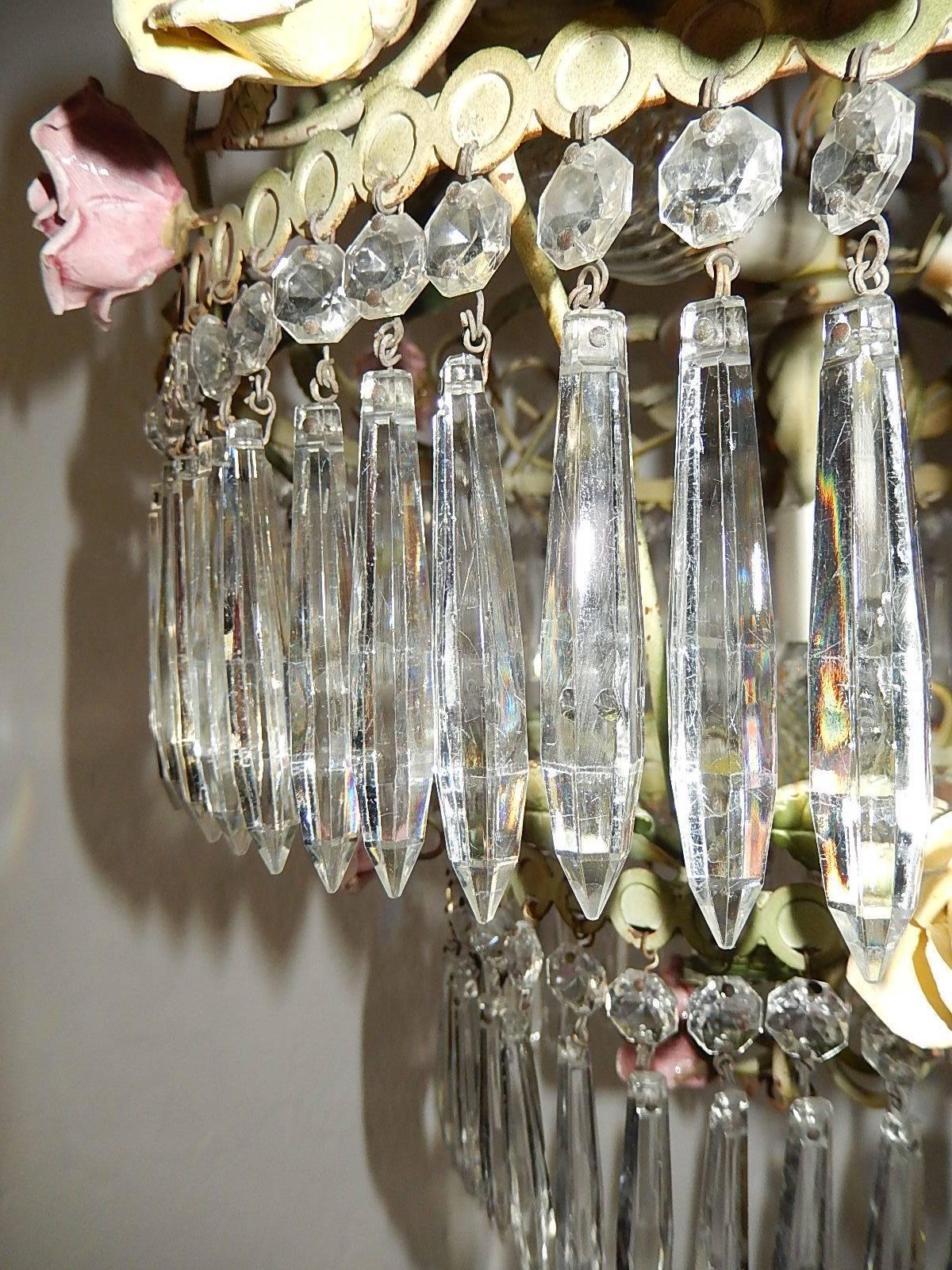 French Tole Porcelain Roses and Crystal Chandelier 4