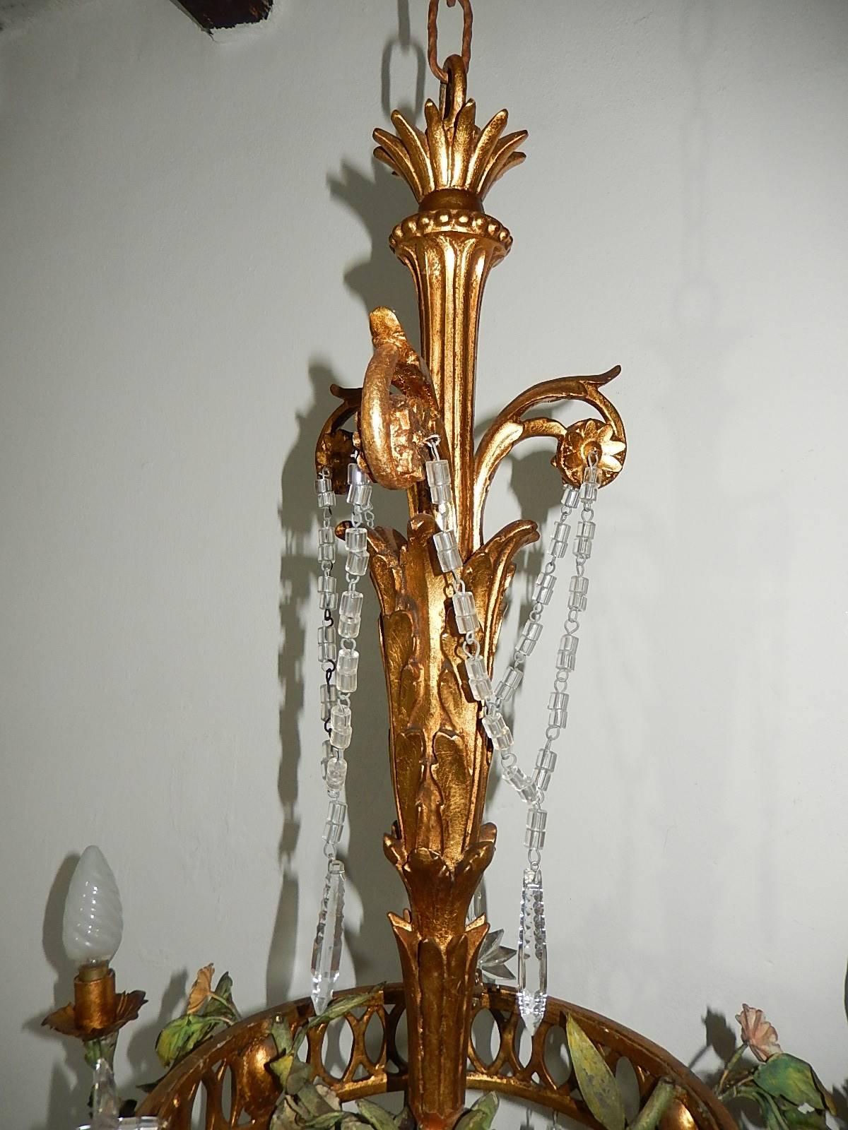 Early 20th Century French Giltwood Tole Flowers Crystal Prisms Chandelier For Sale