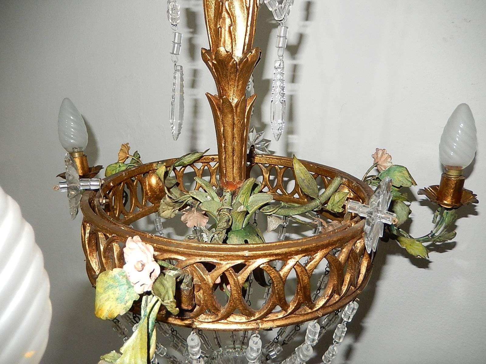 French Giltwood Tole Flowers Crystal Prisms Chandelier For Sale 1