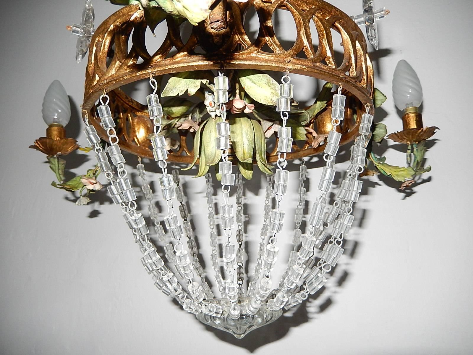French Giltwood Tole Flowers Crystal Prisms Chandelier For Sale 2