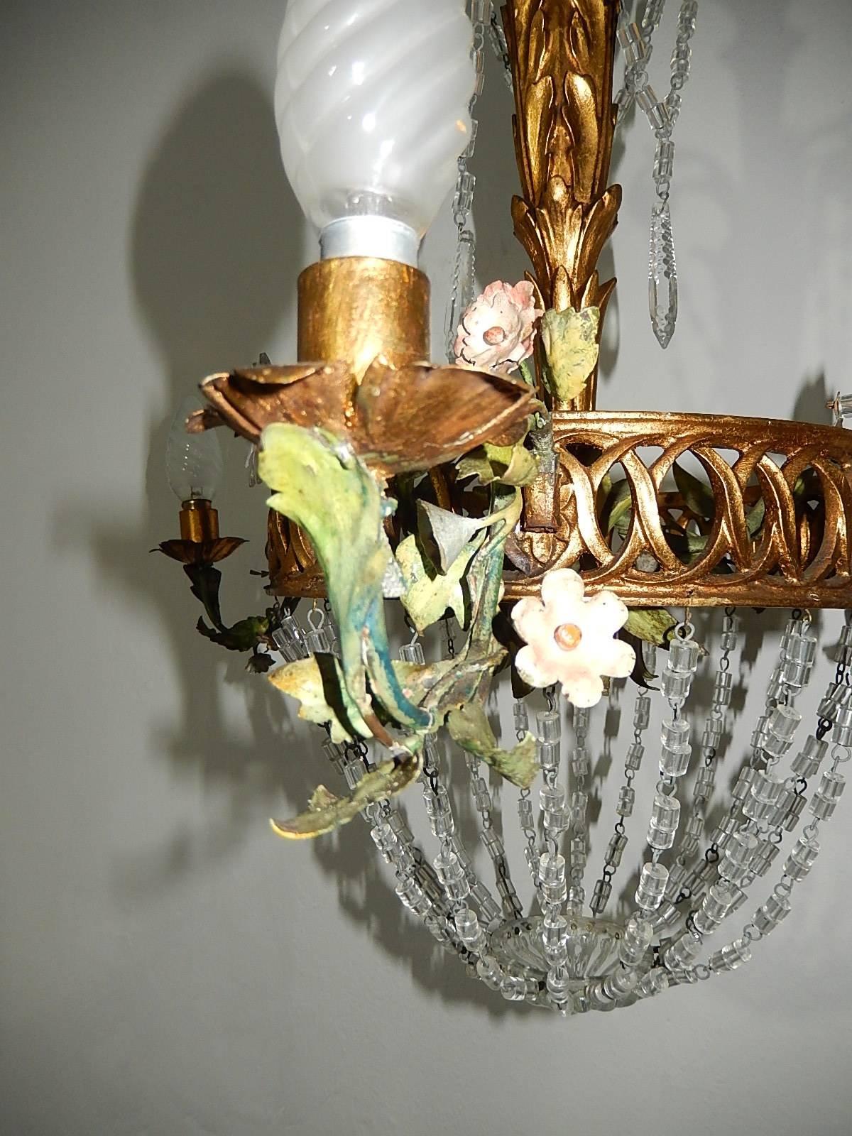 French Giltwood Tole Flowers Crystal Prisms Chandelier For Sale 3