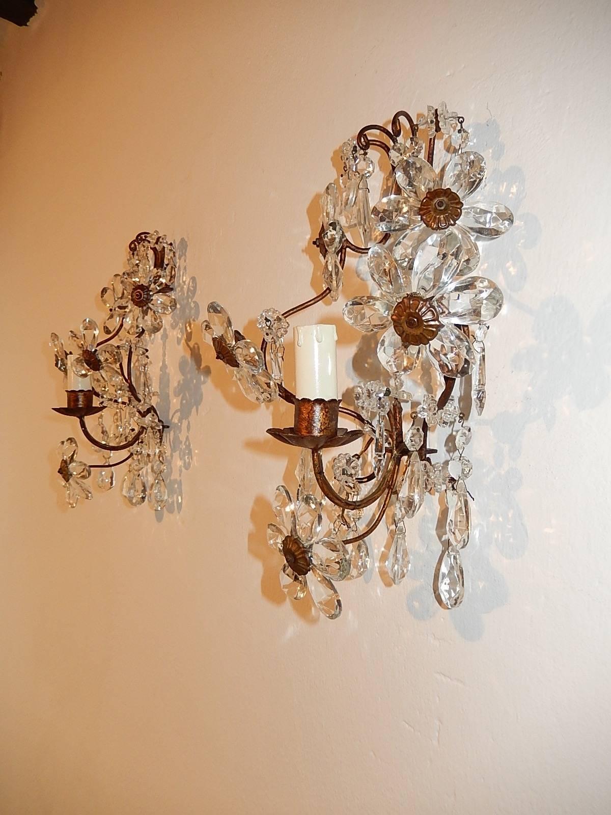Early 20th Century French Bagues Style Crystal Flowers Prisms Sconces