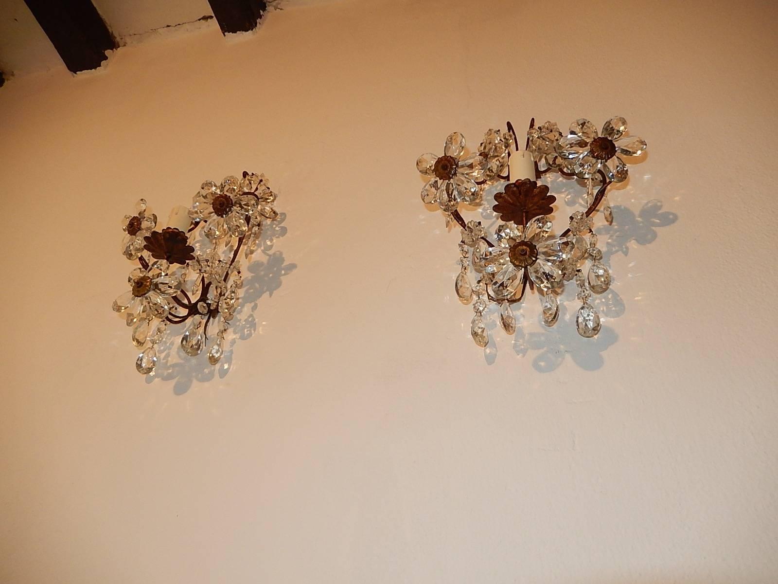 French Bagues Style Crystal Flowers Prisms Sconces 1