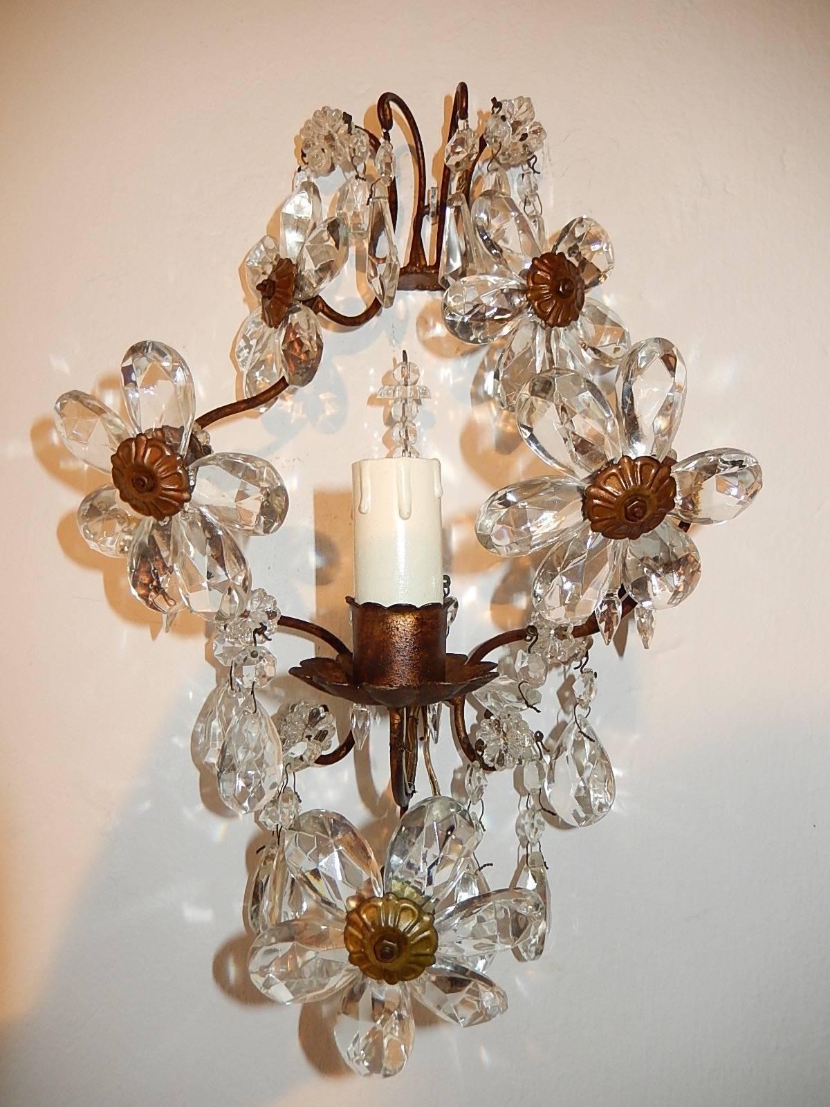 French Bagues Style Crystal Flowers Prisms Sconces 2