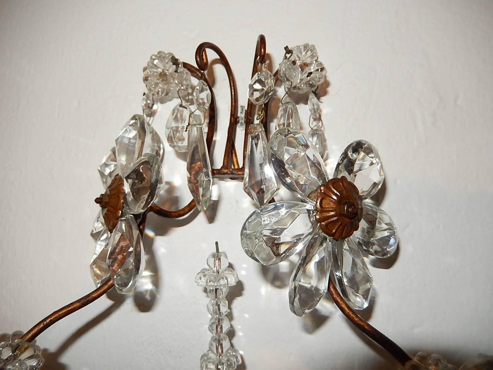 French Bagues Style Crystal Flowers Prisms Sconces 4