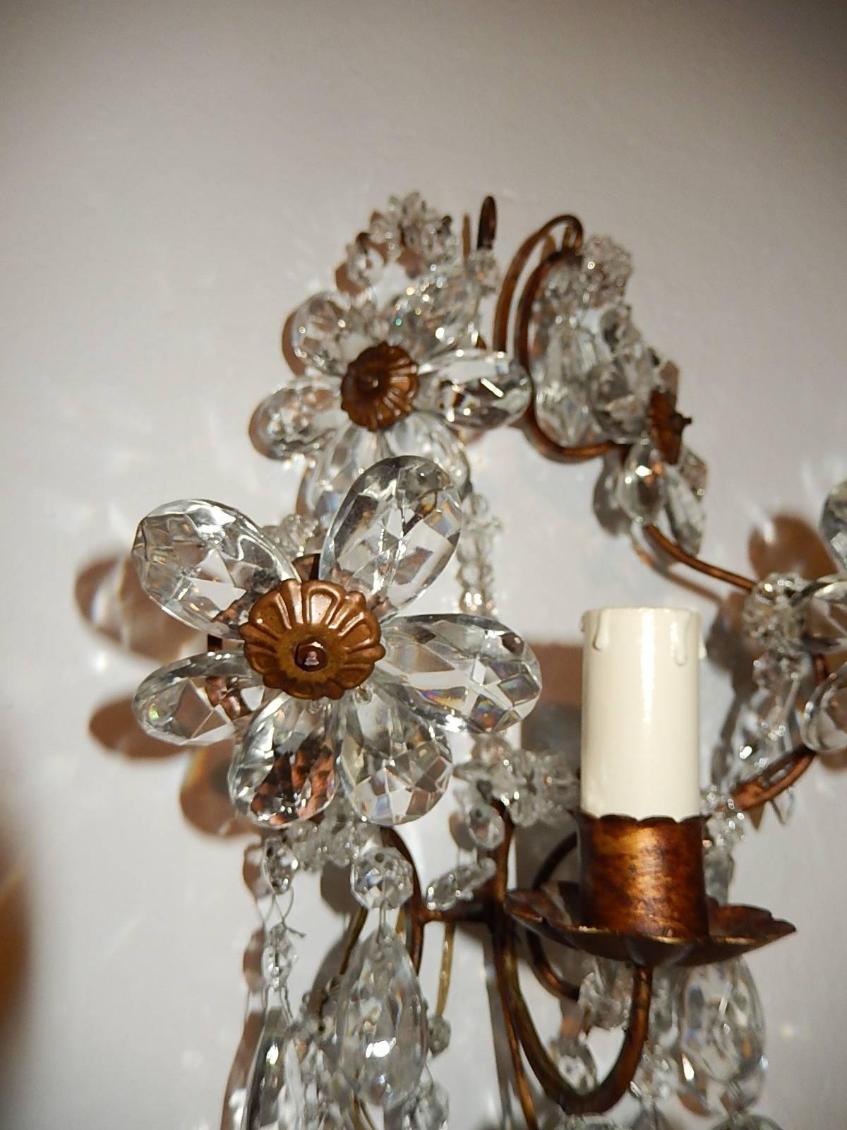 French Bagues Style Crystal Flowers Prisms Sconces 6