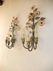 1950 Tole Three-Light Murano Flowers Sconces