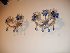 1930 French Maison Bagues Style Blue Flower Murano Glass Sconces