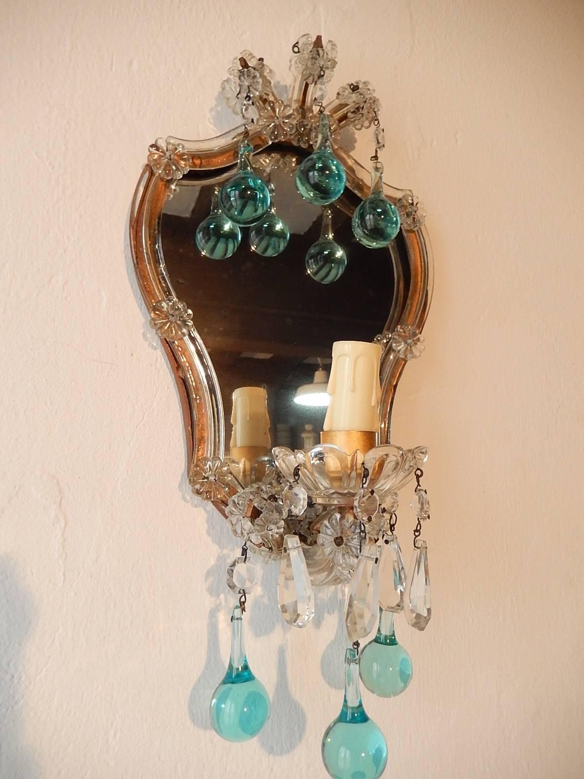 Murano Glass French Aqua Blue Murano Drops Mirrors Sconces, circa 1920