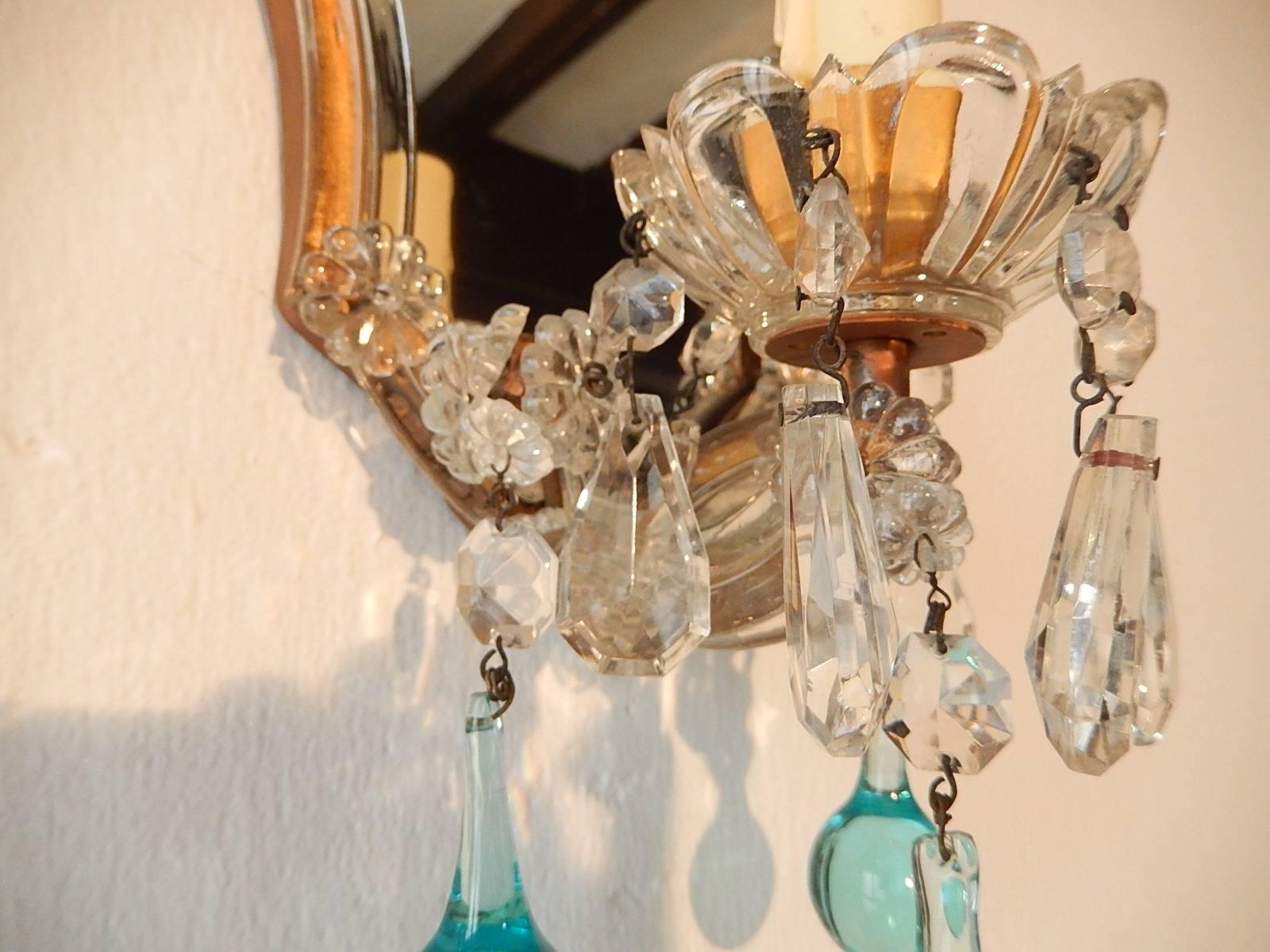 French Aqua Blue Murano Drops Mirrors Sconces, circa 1920 2