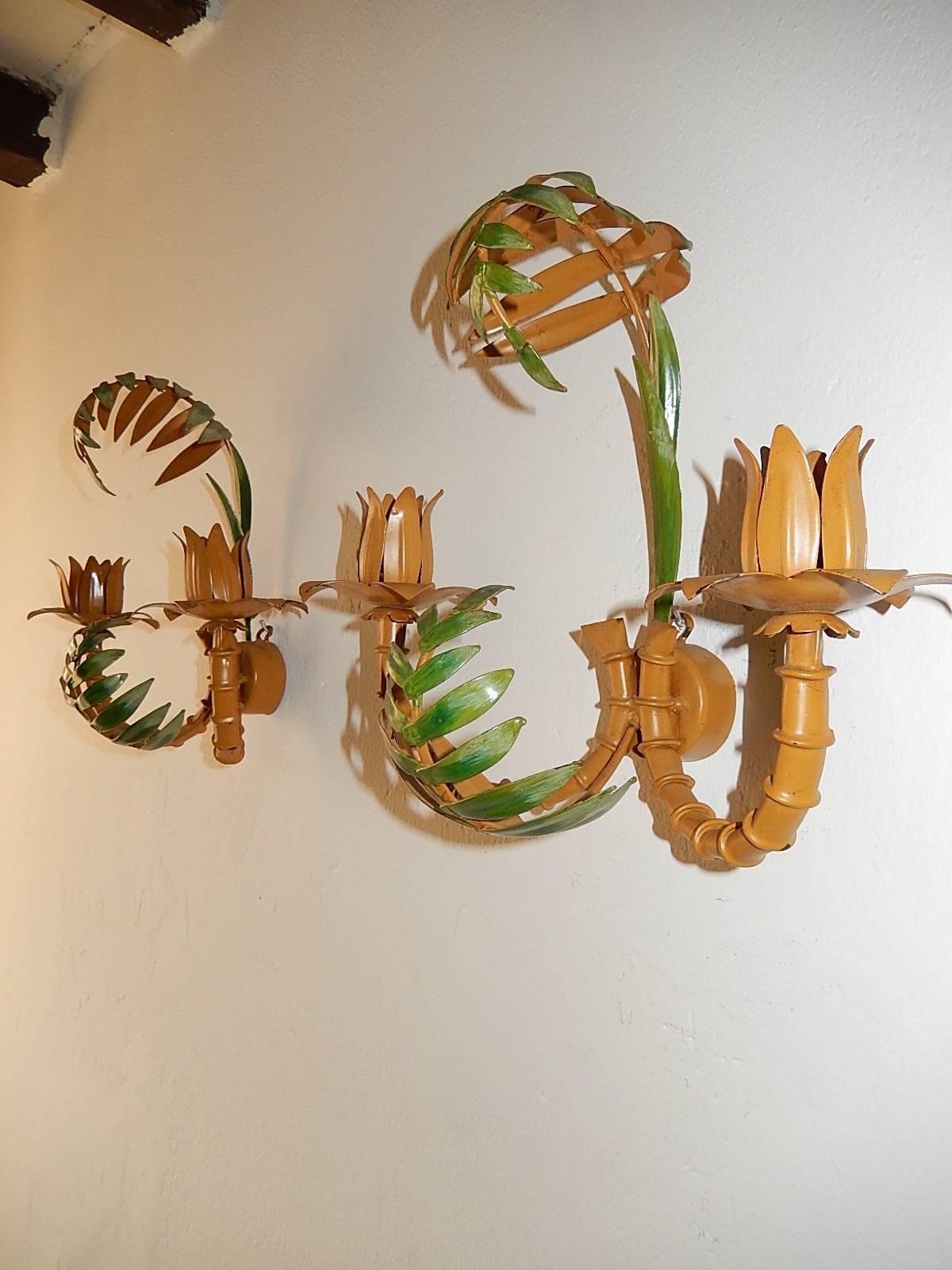 Mid-20th Century 1950 French Faux Bamboo Palm Tole Sconces