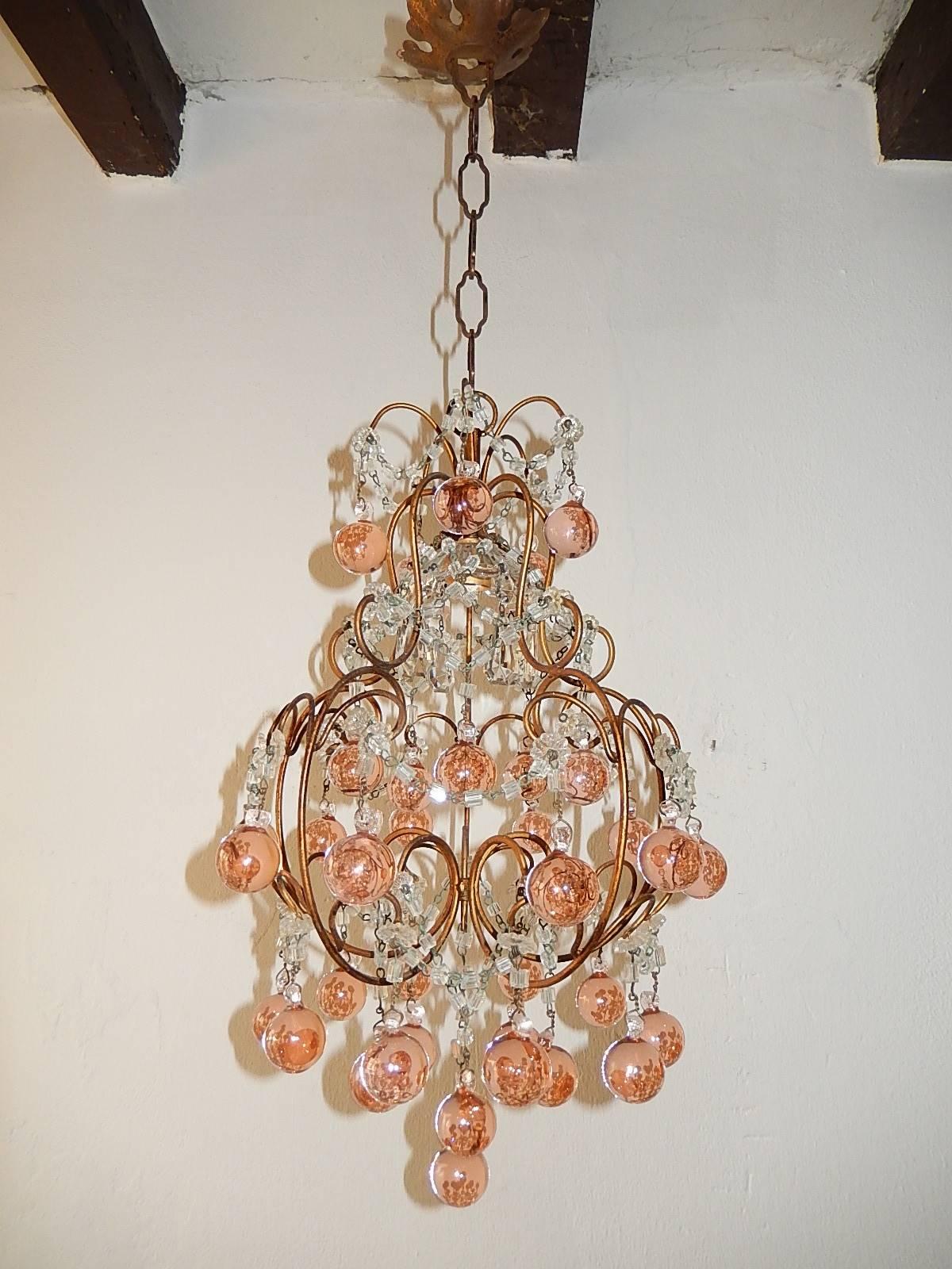 1920 French Pink Murano Balls Crystal Swags Chandelier In Excellent Condition In Modena (MO), Modena (Mo)