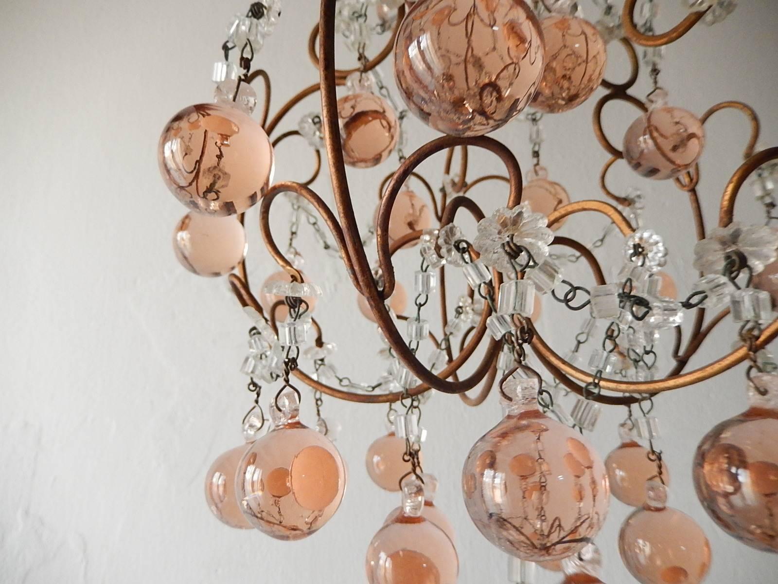 Early 20th Century 1920 French Pink Murano Balls Crystal Swags Chandelier
