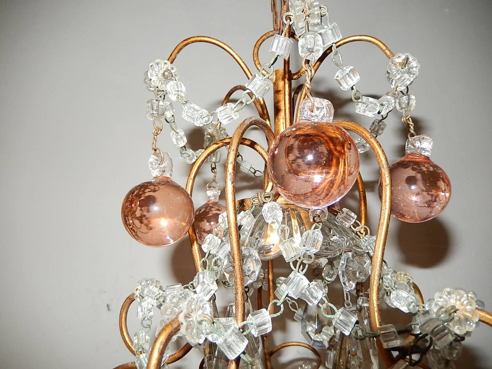 1920 French Pink Murano Balls Crystal Swags Chandelier 1