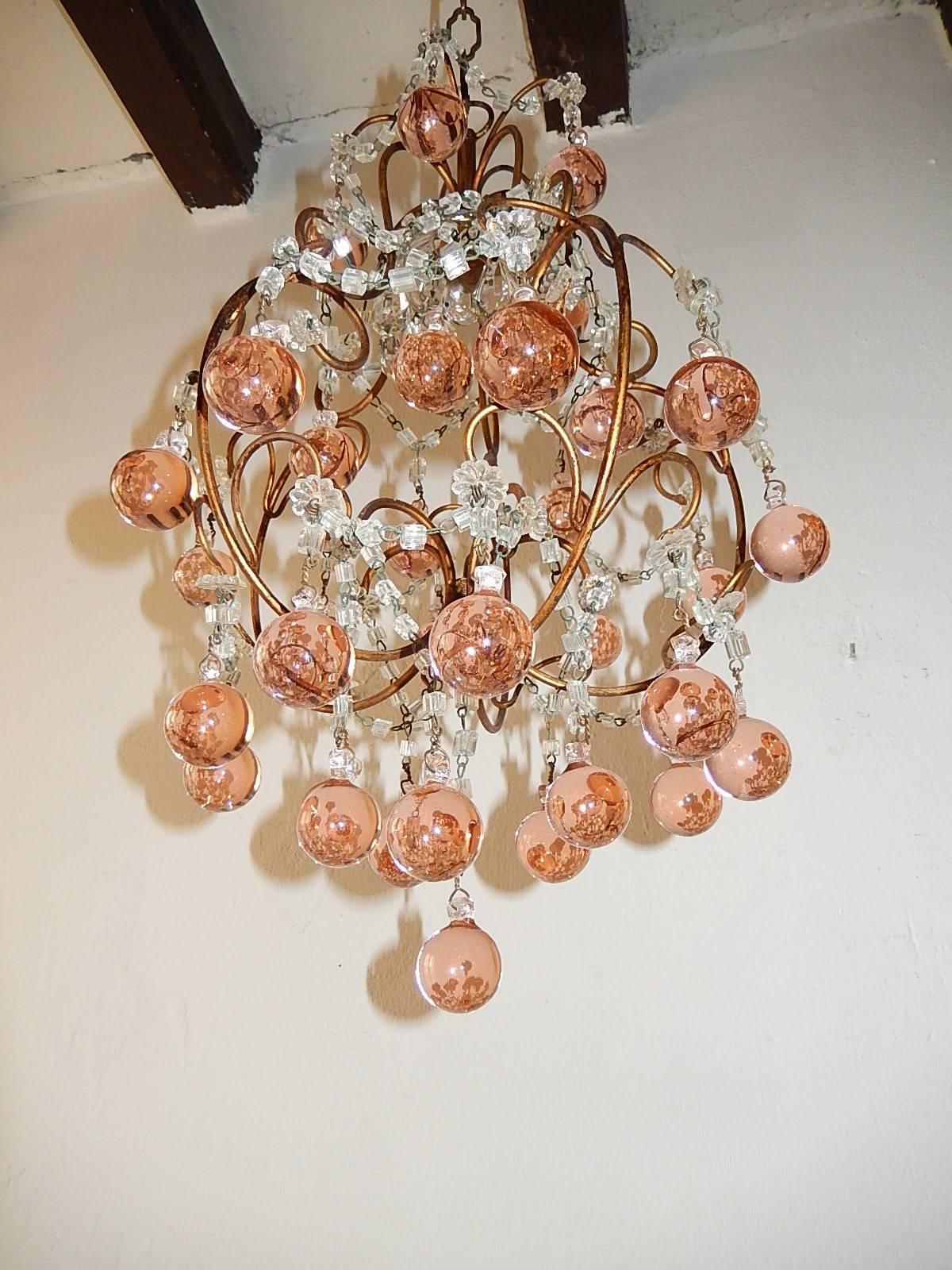 1920 French Pink Murano Balls Crystal Swags Chandelier 2