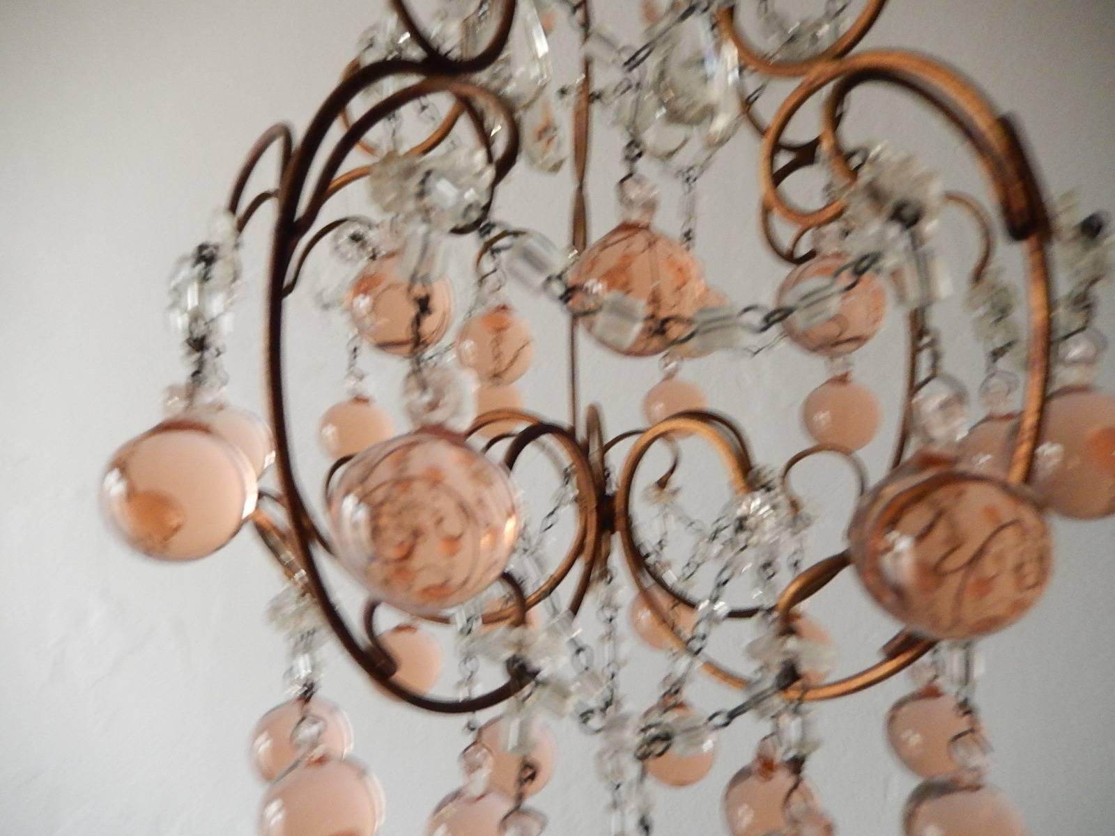 1920 French Pink Murano Balls Crystal Swags Chandelier 3