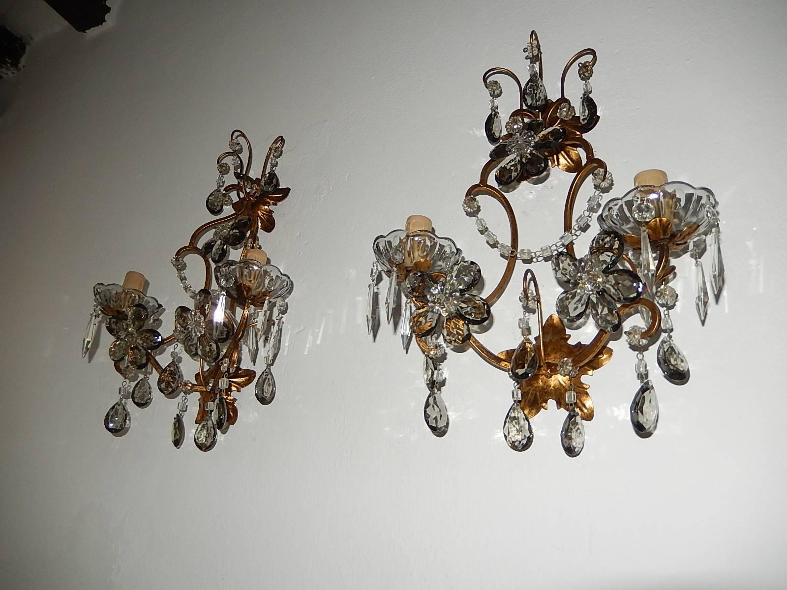 Housing two lights each, sitting in crystal fume (smoke) color bobeches with crystals. Gold metal body with florets throughout. Adorning flowers made of crystals. Rewired and ready to hang. Free priority shipping from Italy.