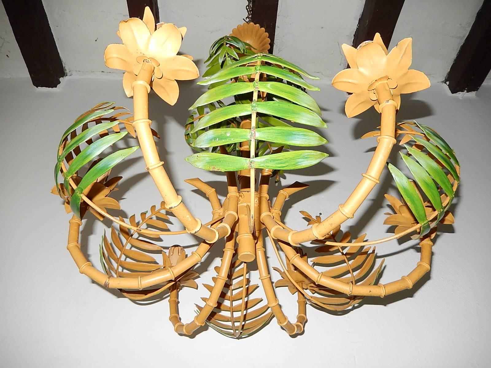 Mid-20th Century 1950 French Faux Bamboo Palm Tole Chandelier