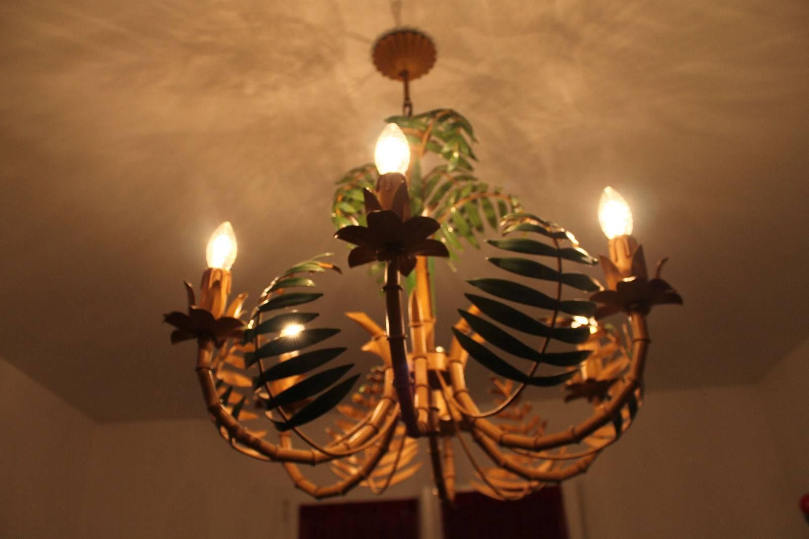 1950 French Faux Bamboo Palm Tole Chandelier 1