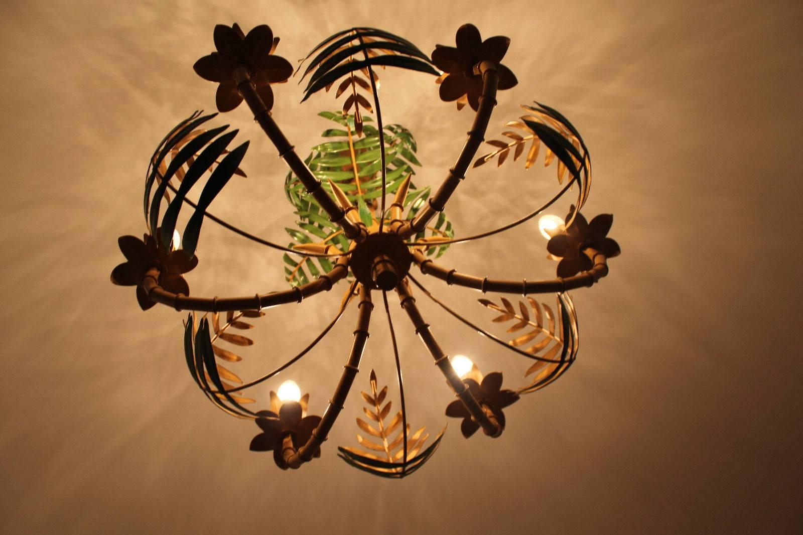 1950 French Faux Bamboo Palm Tole Chandelier 2