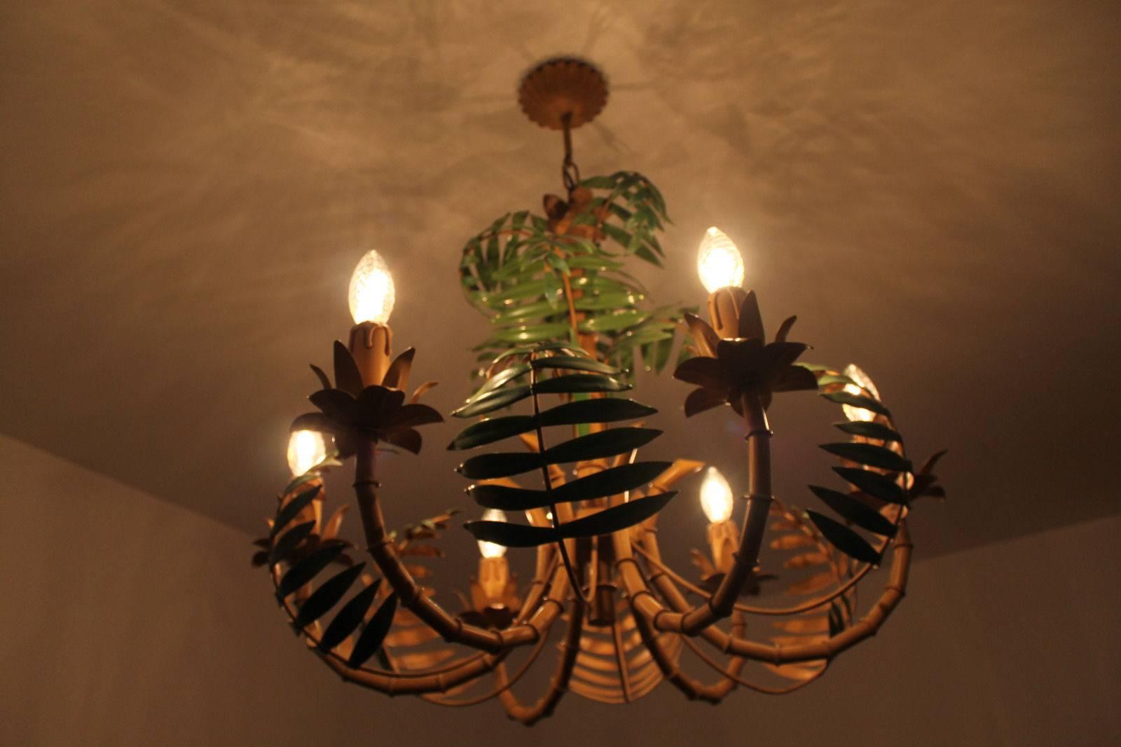1950 French Faux Bamboo Palm Tole Chandelier 3
