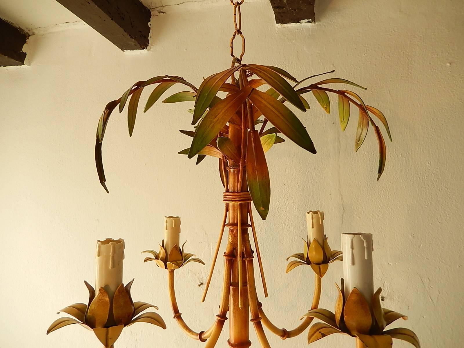  1950 French Tole Palm Tree Four-Light Chandelier In Excellent Condition In Modena (MO), Modena (Mo)