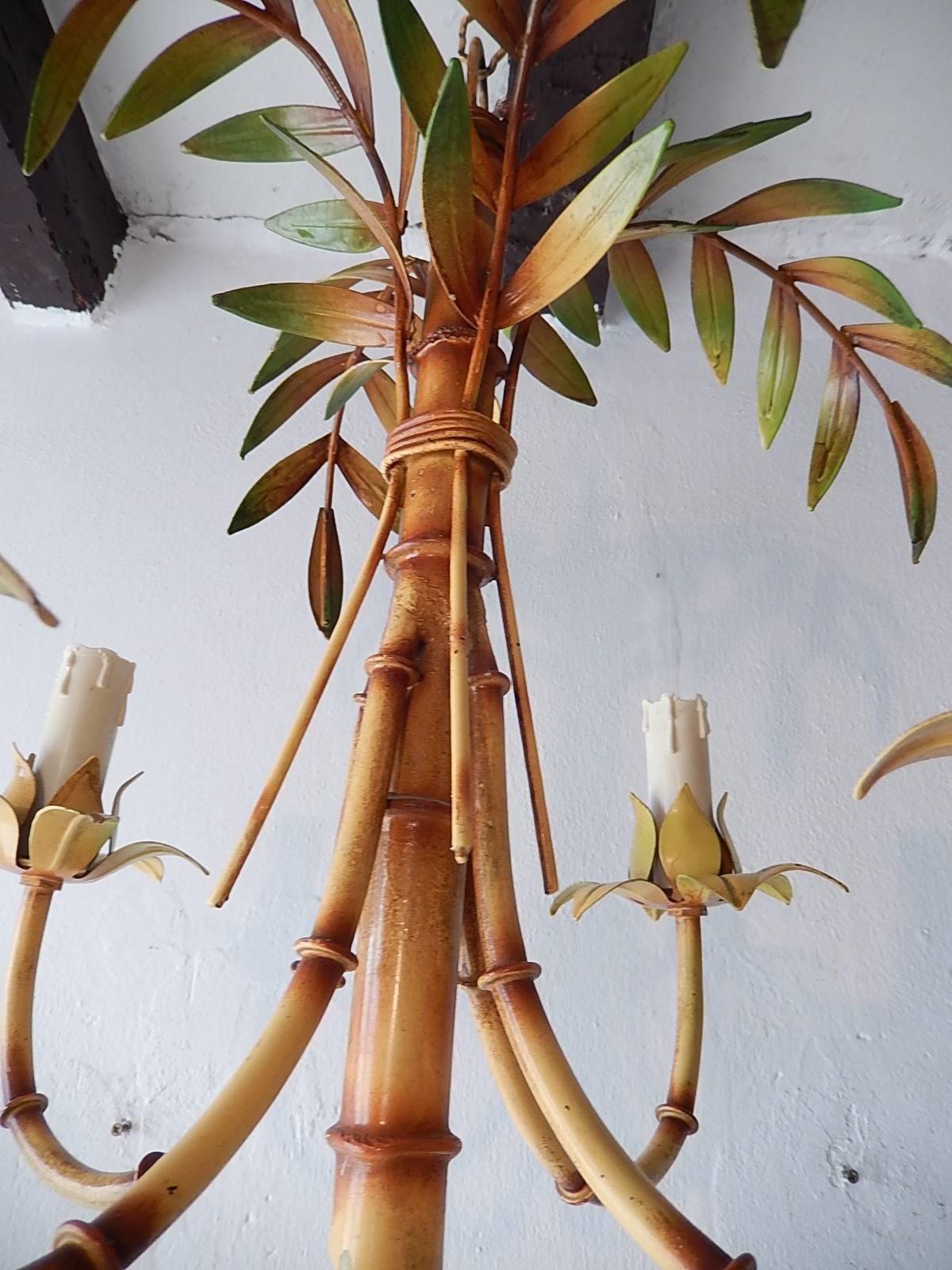 Mid-20th Century  1950 French Tole Palm Tree Four-Light Chandelier